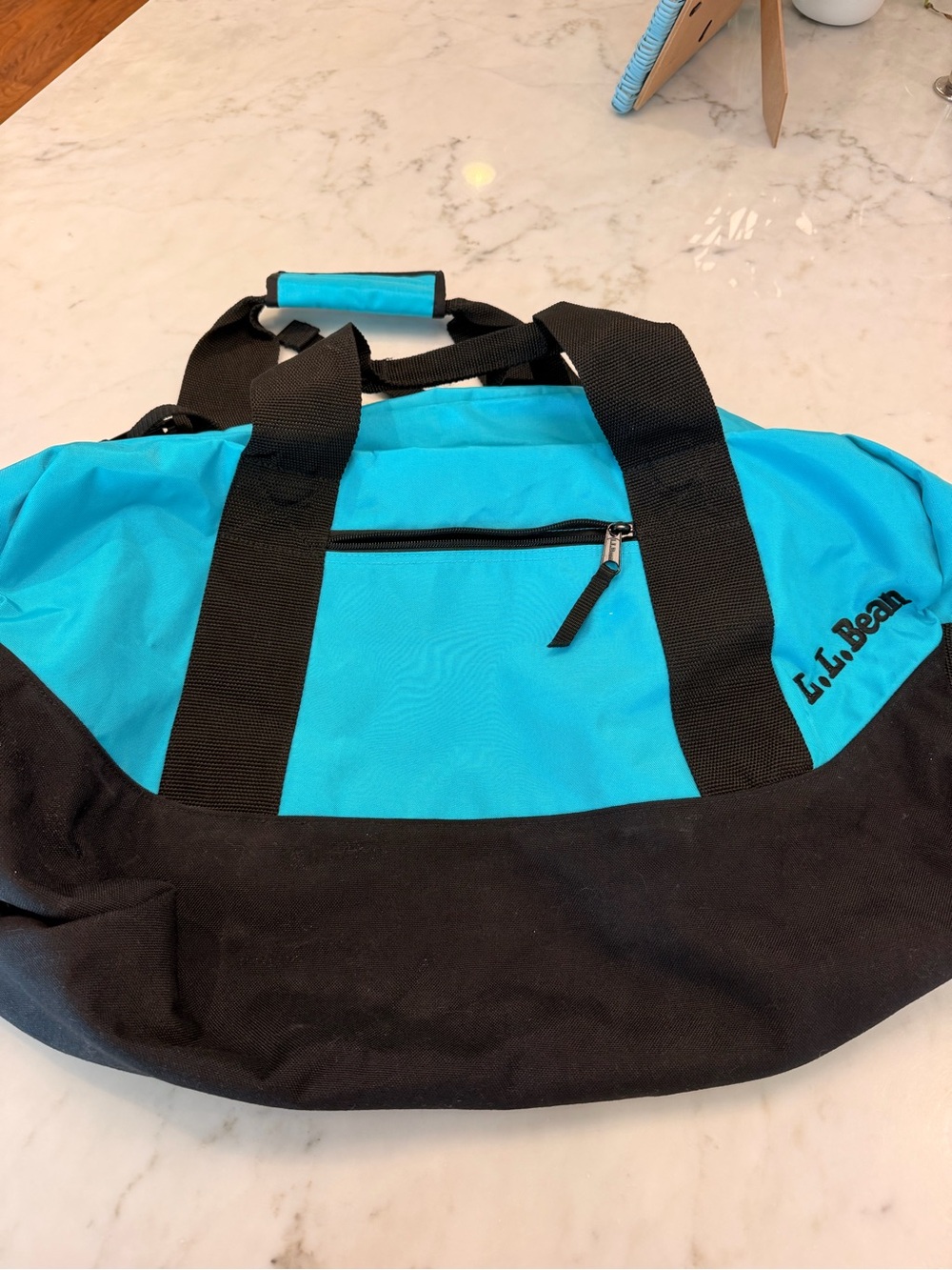 L.L. Bean Bright Turquoise and Black Canvas Travel Duffel, EUC, size below